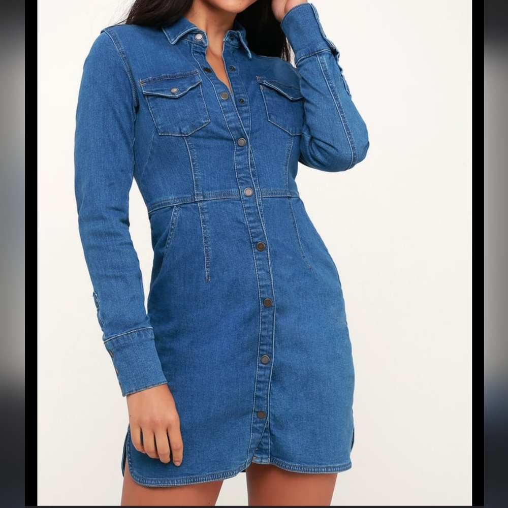 Free People Dynomite Stretch Denim Button Long Sleeve Pocket Mini Dress Medium - Picture 10 of 10